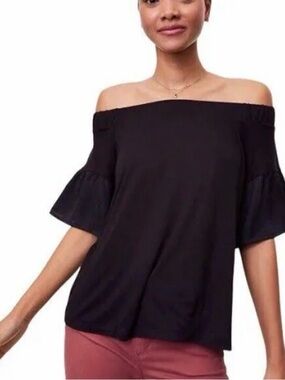 LOFT Black Flutter Off Shoulder Flowy Sleeve Top Shirt Size XXS